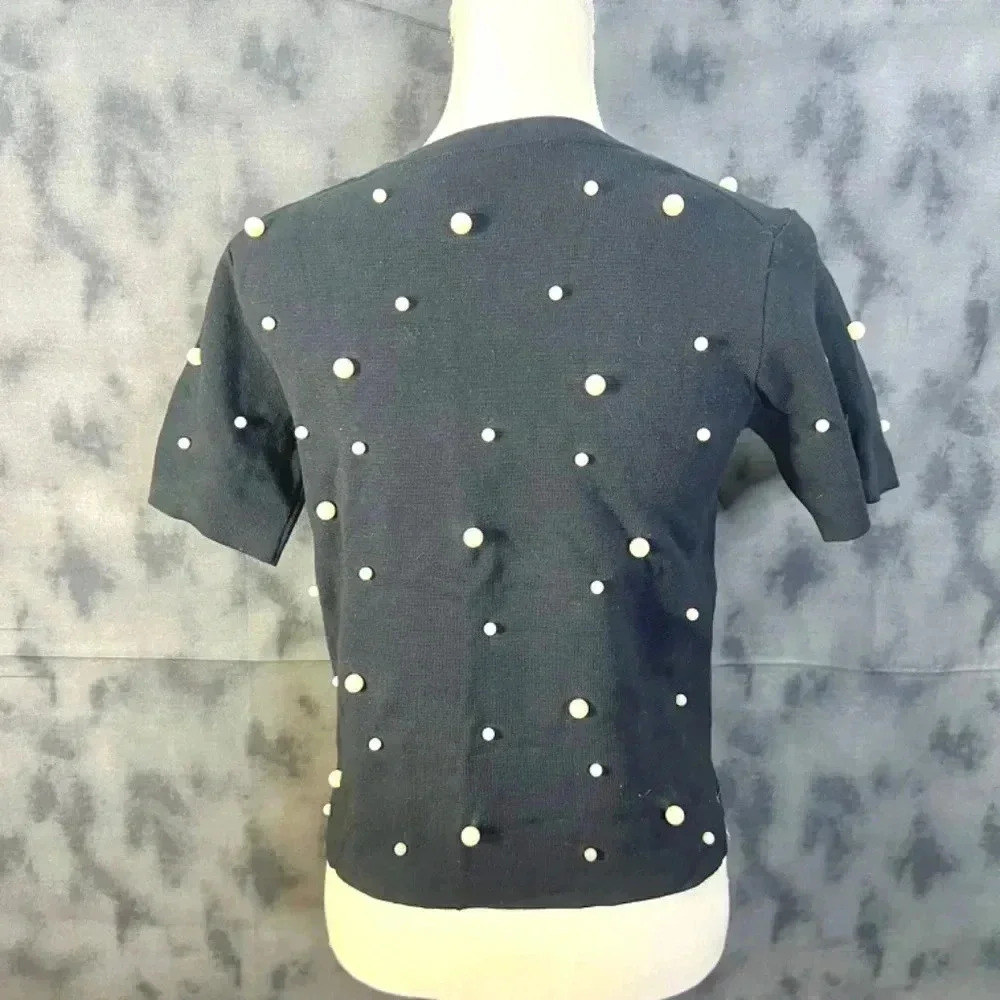 Zara Pearl Embellished Black Knit Short Sleeve Top Size S - Picture 4 of 7
